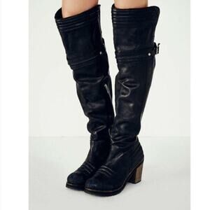 FREE PEOPLE Livingston Black Over The Knee Leather Distressed Boots Size 37 EU